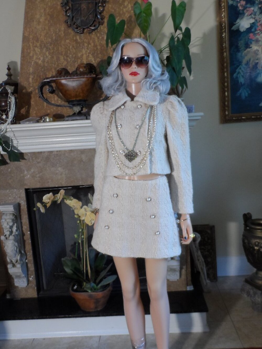 New LoveShackFancy Ivory Tweed Jacket & Skirt Suit Size 2